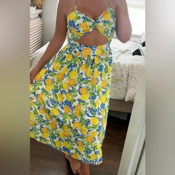 SHEIN Boho Lemon Print Smocked Midi Dress Size S - Picture 11 of 11